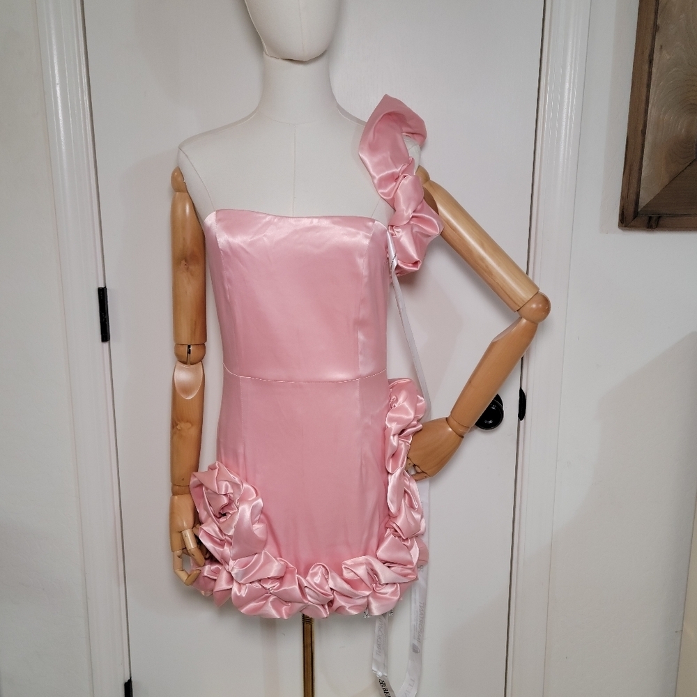 Bella Barnett Pink Satin One-Shoulder Mini Dress Bridesmaid Wedding Size Medium